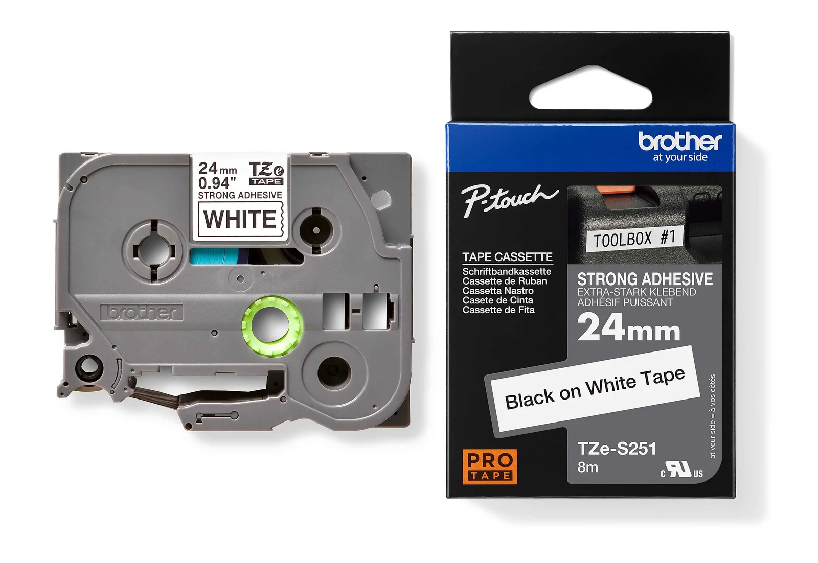 Brother TZe-S251 24mm Black on White Strong Adhesive Laminated Tape — tape cassette and box