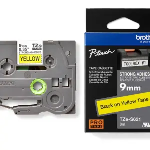 Brother TZe-S621 9mm Black on Yellow Strong Adhesive Laminated Tape — tape cassette and box