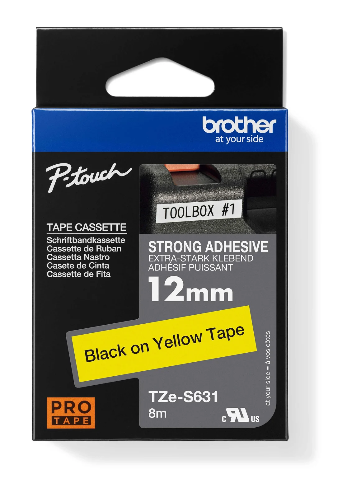 Brother TZe-S631 12mm Black on Yellow Strong Adhesive Laminated Tape — box front
