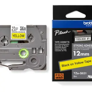 Brother TZe-S631 12mm Black on Yellow Strong Adhesive Laminated Tape — tape cassette and box
