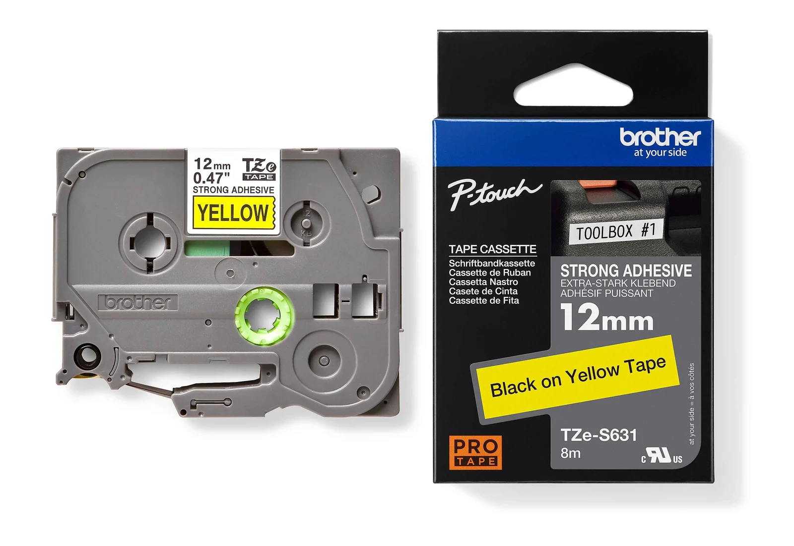 Brother TZe-S631 12mm Black on Yellow Strong Adhesive Laminated Tape — tape cassette and box