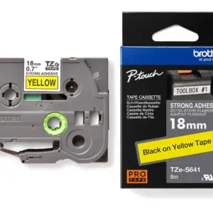 Brother TZe-S641 18mm Black on Yellow Strong Adhesive Laminated Tape — tape cassette and box