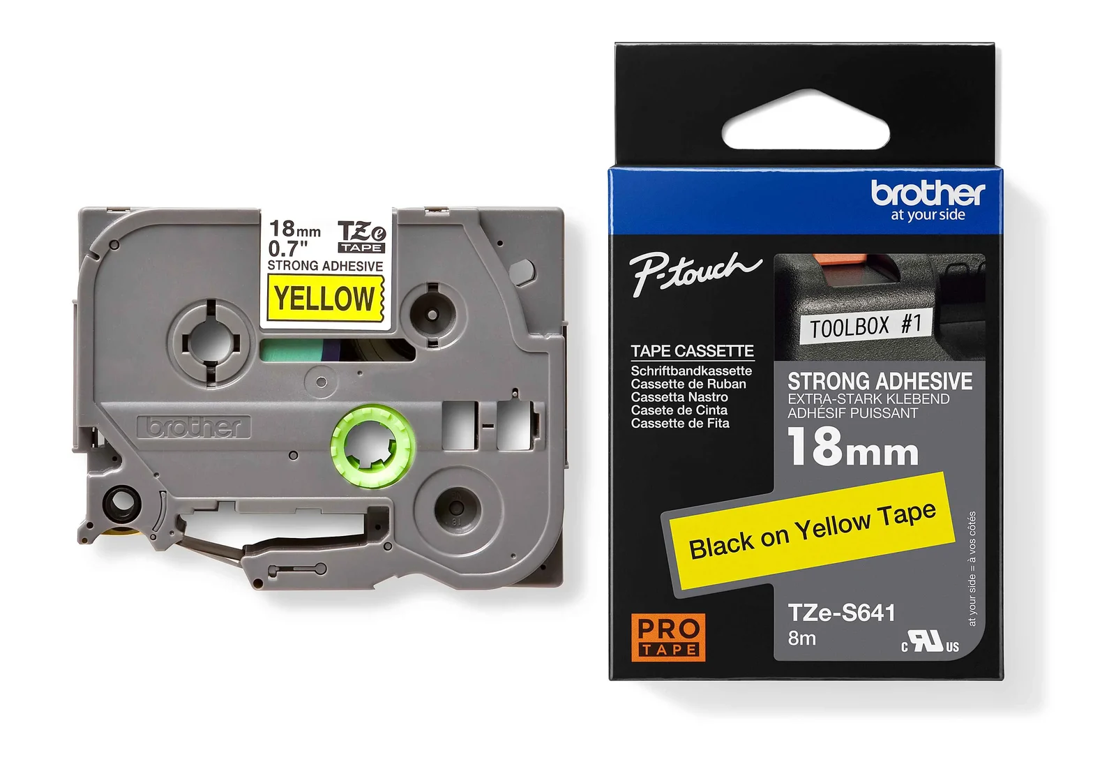 Brother TZe-S641 18mm Black on Yellow Strong Adhesive Laminated Tape — tape cassette and box