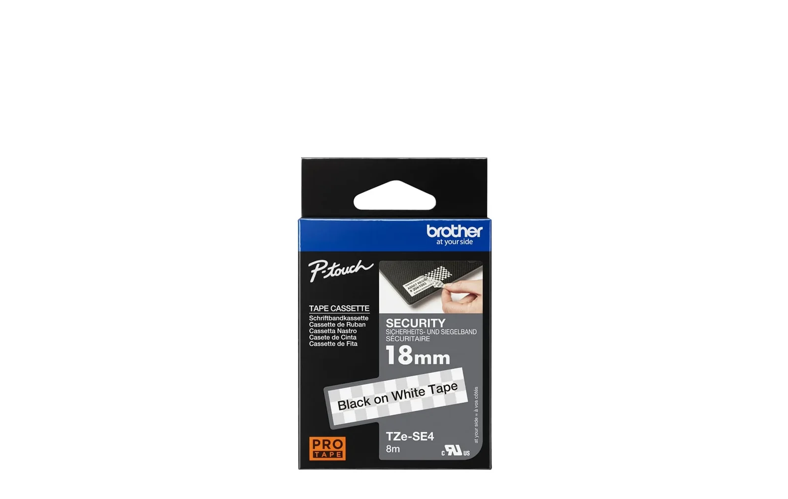 Brother TZe-SE4 18mm Black on White Security Laminated Tape — box front