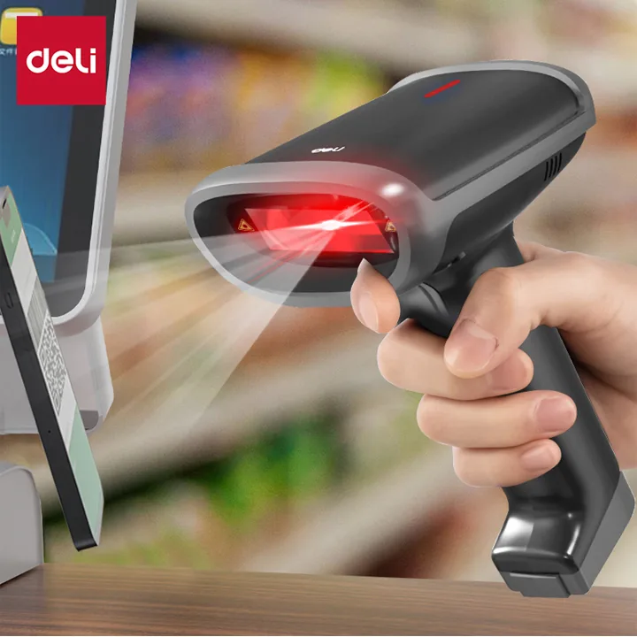 Deli ES226W handheld barcode scanner shown with dimensions