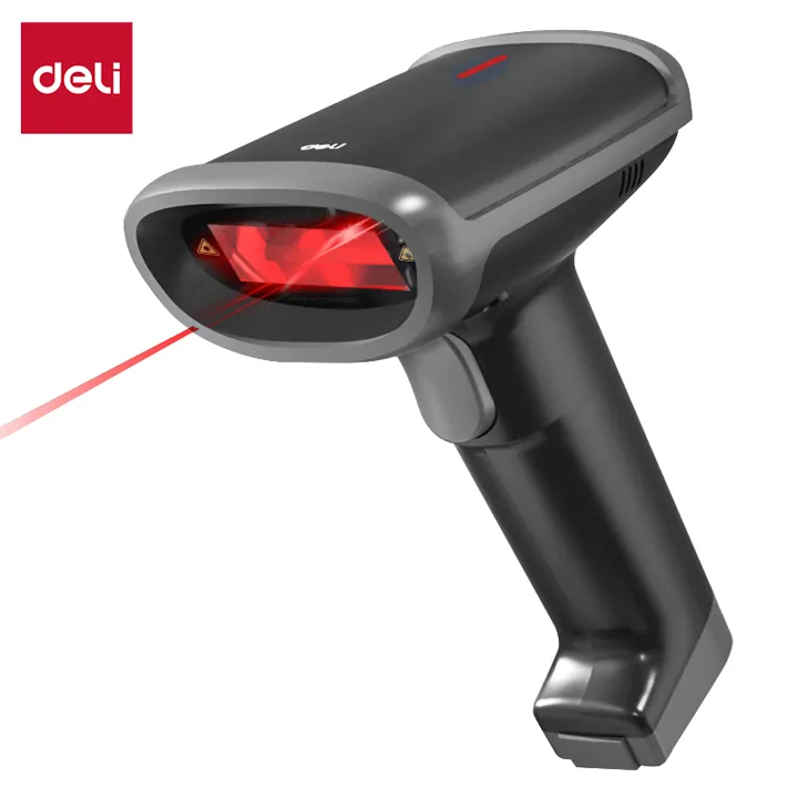 Deli ES226W handheld barcode scanner shown scanning in use
