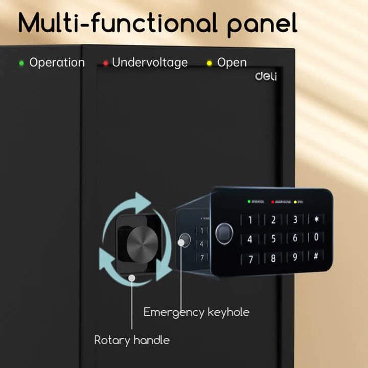 Deli ET534 digital safe keypad panel and emergency keyhole detail