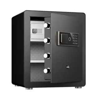 Deli ET571 black digital safe shown in angled view