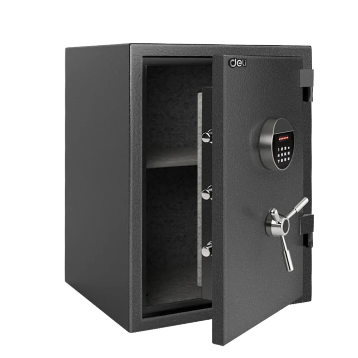 Deli ET600 fireproof digital safe, door open angled view