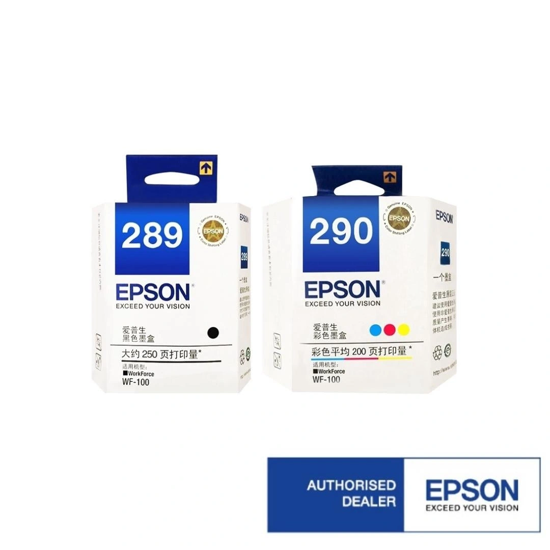 Epson WF-100 cartridge range showing 289 black and 290 tri-colour packaging