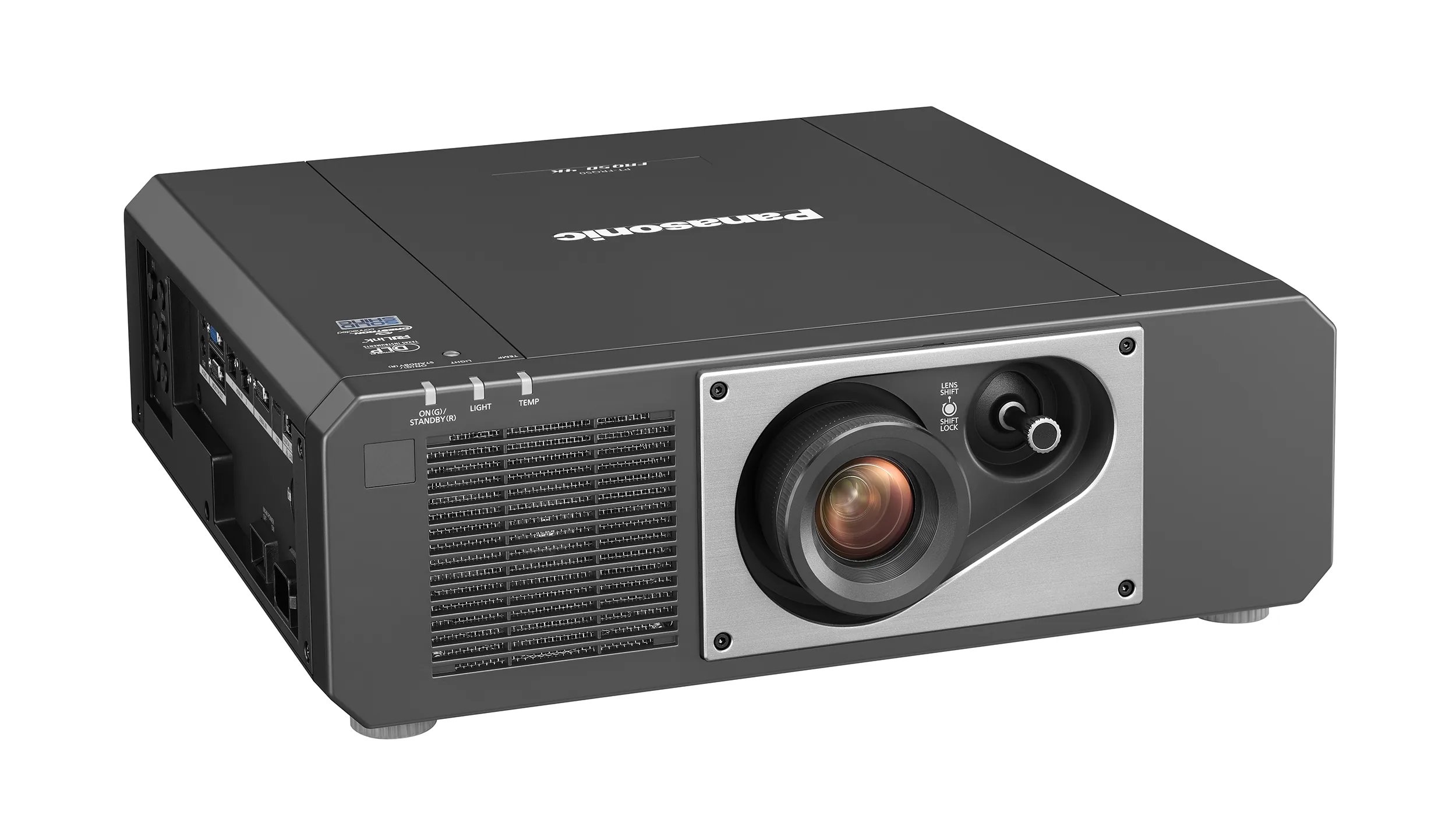 Panasonic PT-FRQ50 fixed-lens projector shown in angled right view