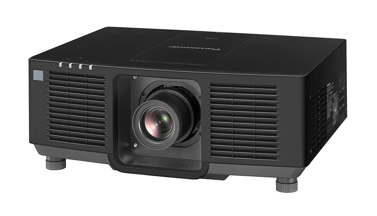 Panasonic black laser projector shown in an angled left view