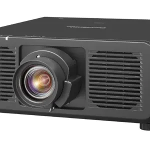 Panasonic PT-REQ12 black projector shown from the angled left view