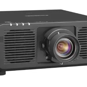Panasonic PT-REQ15 black projector shown from an angled right view
