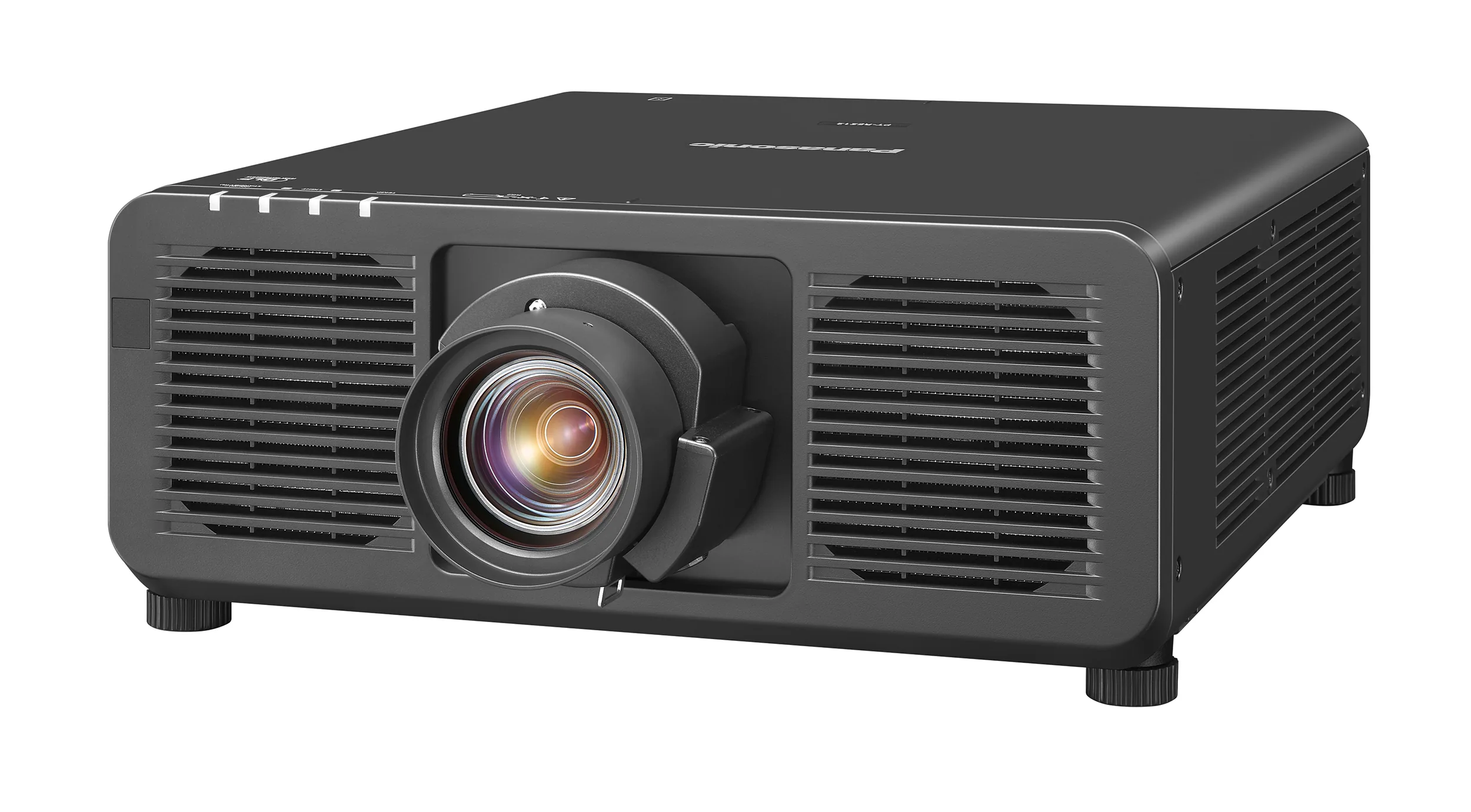 Panasonic black laser projector shown from an angled left view
