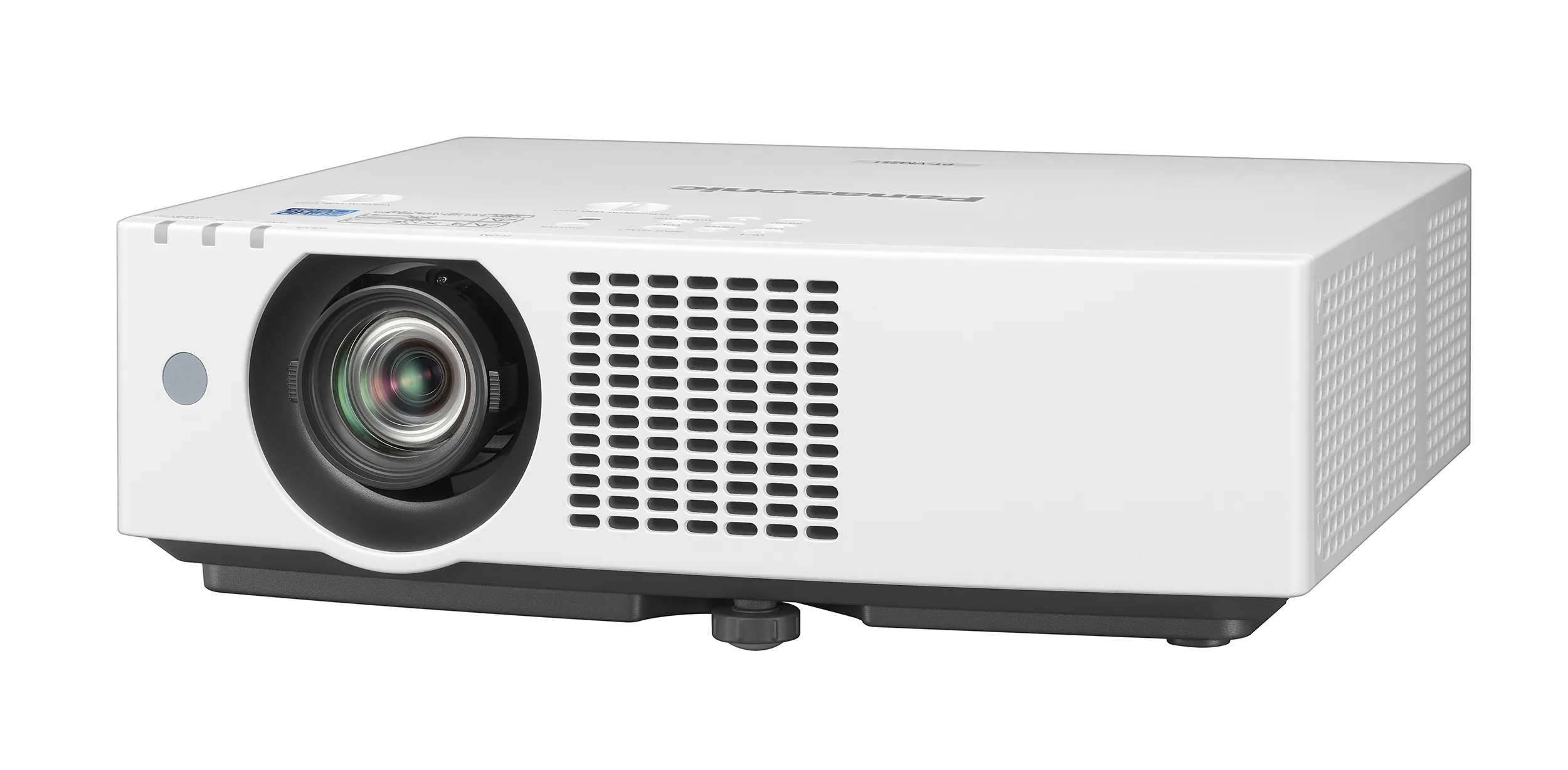 Panasonic PT-VMZ51 projector at eye level from an angled left view, showing the lens and front vents