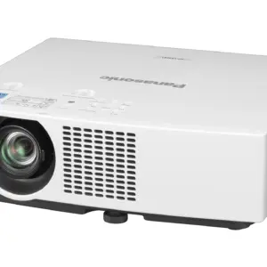 Panasonic PT-VMZ51 projector seen from above at an angled left view, showing the lens and top control panel