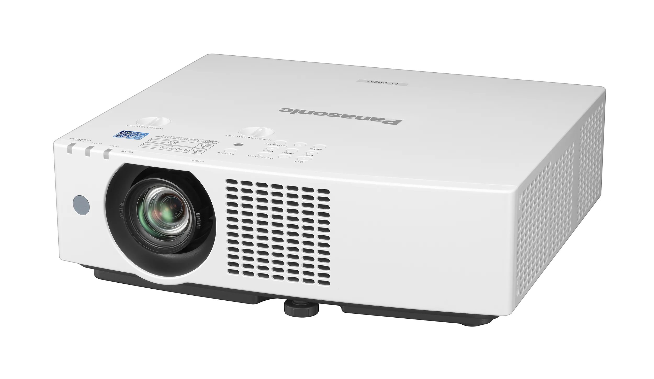 Panasonic PT-VMZ51 projector seen from above at an angled left view, showing the lens and top control panel